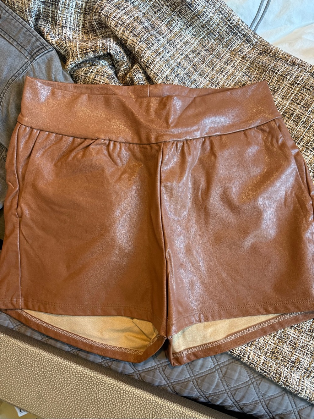 Commando Faux Leather High-Waist Shorts — Cognac Brown